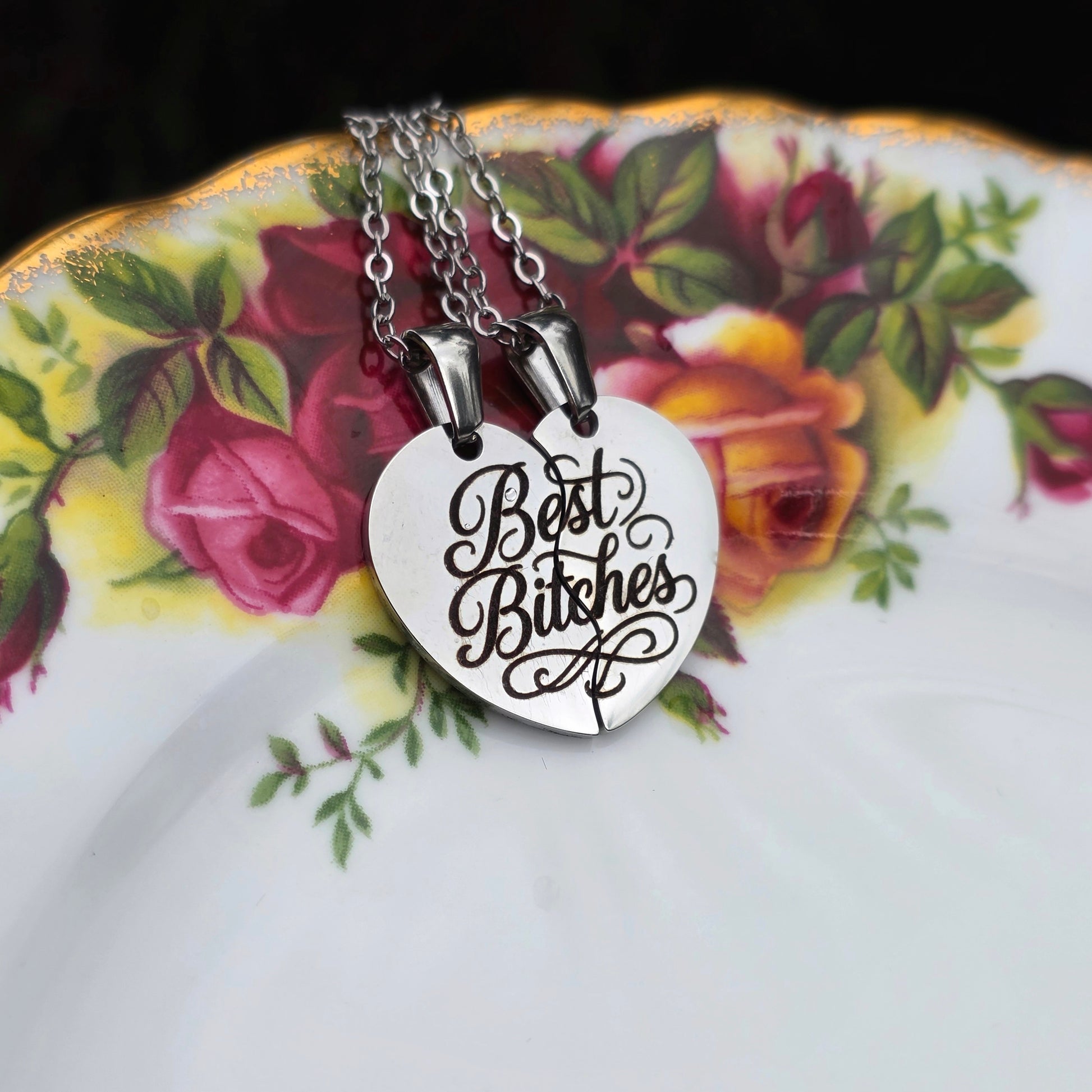 Best Bitches Split Heart Necklace Set - Cursive Craft 
